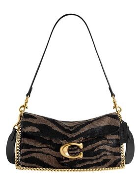Coach Black Tiger Tabby Shoulder Bag in Black and Brown with Gold Hardware - New